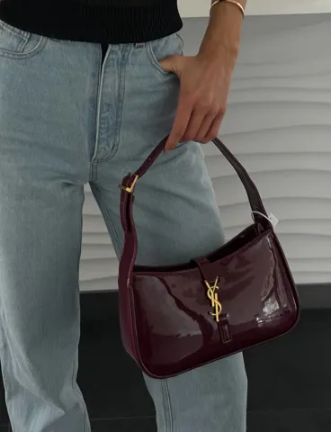 Saint Laurent Hobo Le 5 A 7 Patent Leather Shoulder Bag Wine